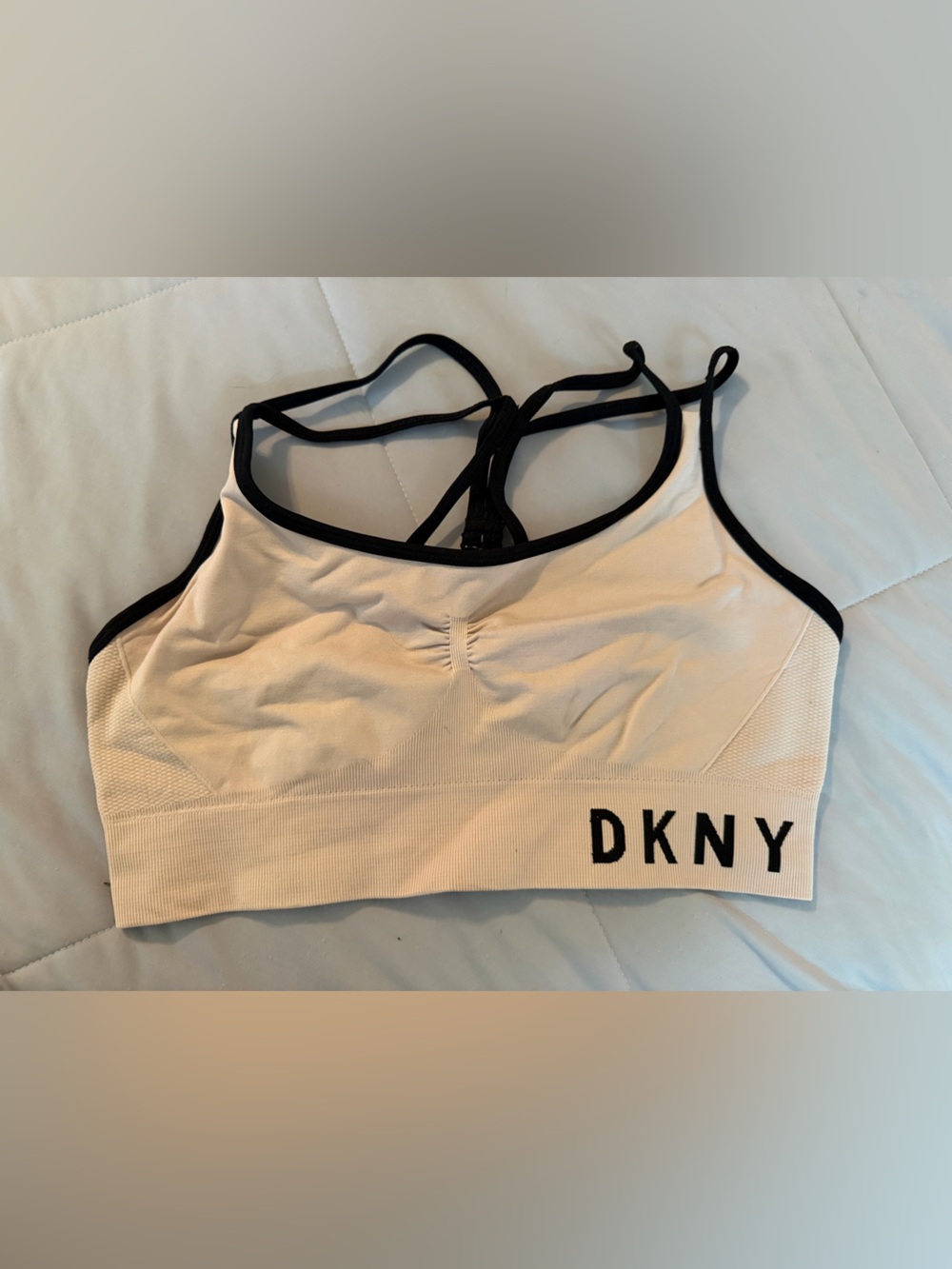 DKNY SPORT Seamless Ribbed Scoop Bralette Beige Tan Black Border Logo Size L